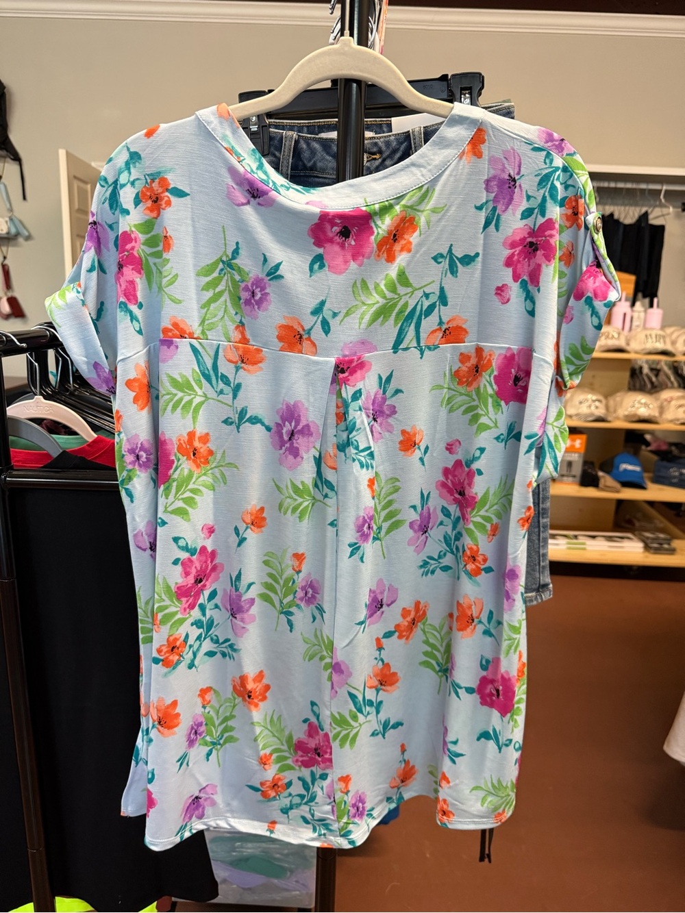 Dear Scarlett Light Blue Floral Notch-Neck Blouse - Casual Women's Top - Picture 2 of 3